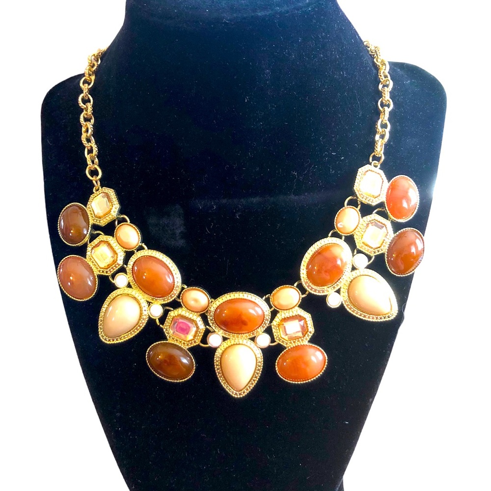 Peach Brown Gold Tone Glam Bib Necklace 22 in‎